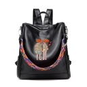 New Collection Stylish Figure Embroidery Printed Black Soft Leather Shoulder Bag Casual Backpack 22*16*31 CM