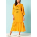 Women's Lovely Ginger I'LL BE THERE FOR YOU Letter Printed Round Neck Long Sleeve Ruffle Detail Maxi Jersey T-Shirt Dress