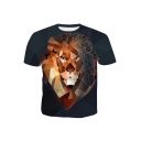 Men's Summer Hot Popular 3D Geometric Lion Printed Round Neck Short Sleeve Black Casual Slim Fit T-Shirt