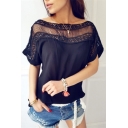 Womens Summer Basic Solid Color Sexy Lace Panel Casual Loose T-Shirt