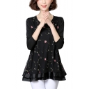 Womens Basic Black Chic Floral Printed Round Neck Long Sleeve Layered T-Shirt