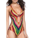 New Arrival Rainbow Printed Hollow Out Sleeveless One Pieces Swimwear