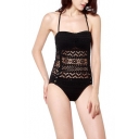 Sexy Halter Neck Hollow Out Button Front Open Back Plain Lace One Pieces Swimwear