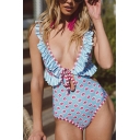 Womens Sexy Plunged Neck Light Blue Floral Printed Ruffle Hem One Piece Swimsuit
