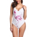 Womens New Chic Floral Bird Printed Trendy Ruffle Straps White One Piece Swimsuit