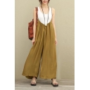 Women's Solid Color Summer Sleeveless Strap Casual Baggy Wide-Leg Pants Cotton Jumpsuits