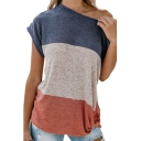 Women Color Block Casual One Shoulder Round Neck Short Sleeve Knotted T Shirt