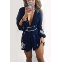 Summer Trendy Chic Floral Printed Sexy Plunged V-Neck Long Sleeve Blue Romper
