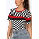Contrast Round Neck Short Sleeve Black and White Plaid Slim Fit T-Shirt for Women