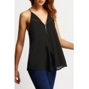 Hot Fashion Solid Color Zipper Front Womens Casual Black Sleeveless Chiffon Top