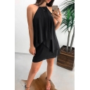 Women's Summer Sexy Halter Sleeveless Plain Print Backless Mini Asymmetric Hem Cami Dress
