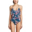 Summer Chic Floral Printed Halter Neck Ruffled Hem Blue One Piece Swimsuit for Women