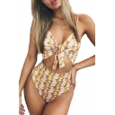 Womens New Fashion Spaghetti Straps Tied Front Cutout Waist Fitted One Piece Swimwear