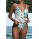 New Stylish Floral Printed V-Neck Ruffle Hem High Leg One Piece Swimsuit for Women