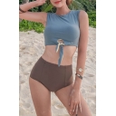 Girls Summer Blue Tied Tank Top Coffee Bottom Beach Two-Piece Bikini Set Swimwear