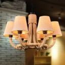 Rustic Style Tapered Shade Chandelier 6 Lights Rope and Fabric Hanging Lamp for Coffee Shop Restaurant