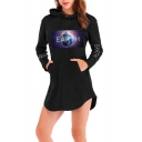 New Trendy Unique Galaxy Earth Printed Long Sleeve Mini Hoodie Dress for Women