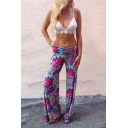 Hot Fashion Summer Floral Printed Loose Casual Wide-Leg Straight Fit Purple Pants for Women