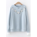 Simple Floral Embroidery Long Sleeve Round Neck Pullover Sweatshirt