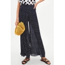 Womens Summer Trendy Classic Polka Dot Printed Elastic Waist Pleated Navy Wide-Leg Pants