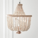 Wood Bowl Shape Chandelier Dining Room 3 Lights Rustic Style Pendant with Beads Decoration in White/Pink