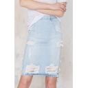 Women's Summer Fancy Distressed Ripped Sexy Split Back Washed Blue Bodycon Denim Skirt