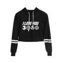 New Trendy Letter I Love You 3000 Stripe Long Sleeve Pullover Drawstring Cropped Hoodie