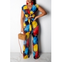 Women's Sexy Blue Tropical Leaf Printed Short Sleeve V Neck Bow-Tied Cutout Wide Leg Jumpsuits