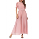 Womens Pink Round Neck Short Sleeve Lace-Patched Maxi Fit and Flared Prom Evening Dress