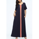 Trendy Fashion Navy Stripes Color Block Round Neck Short Sleeve Maxi Muslin Dress For Women