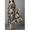 Women's New Trendy Ethnic Floral Printed Round Neck Long Sleeve Maxi Cotton A-line Dress