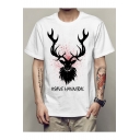 Unique Deer Head Letter SAVE HANNIBAL Print Short Sleeve White Loose T-Shirt