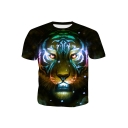 Hot Fashion Cool 3D Tiger Printed Basic Round Neck Short Sleeve Casual Black T-Shirt For Men