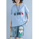Girls Summer Cute Cartoon Elephant Printed Light Blue Striped Linen Loose T-Shirt