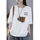 Cute Cartoon Cat Embroidery Stripe Pocket Patched Round Neck Cotton Loose T-Shirt