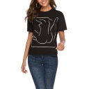 Womens Plus Size Abstract Printed Round Neck Short Sleeve Slim Fit Black T-Shirt