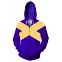 New Trendy Blue and Yellow Letter X Colorblock Long Sleeve Zip Up Hoodie