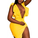 Nightclub Sexy Trendy Plunge Neck Sleeveless Plain Pattern Yellow Mini Slit Bodycon Dress