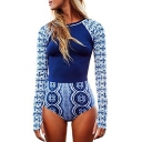 Sexy Zipper Front Retro Ethnic Floral Printed Long Sleeve Navy One Piece Swimwear