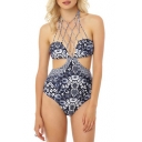 New Trendy Ethnic Style Floral Printed Womens Hollow Out Strappy Cutout Black One Piece Swimsuit