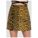 New Stylish Yellow Leopard Printed Zipper Front Mini A-Line Skirt