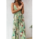 Summer Holiday Fashion Floral Printed Sexy V-Neck Straps Tied Waist Split Front Wide Leg Pants Jumpsuits