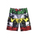 Cool Colorblock Figure Printed Mens Green Quick Drying Surfing Swim Trunks