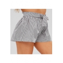 Summer Classic Fashion Plaid Printed Bow-Tied Waist High Rise Casual Shorts