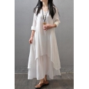 Chinese Style Retro Solid Color V-Neck Long Sleeve Linen Maxi Swing Dress