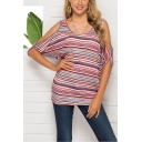 Summer Simple Pinstriped Printed Round Neck Cold Shoulder Casual Loose T-Shirt