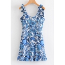 Girls Summer Trendy Blue Floral Printed Tied Strap Mini A-Line Cami Dress