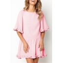 Womens Hot Fashion Solid Color Chic Ruffled Hem Round Neck Mini A-Line Dress