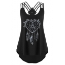 Fashion Love Heart Feather Printed Strappy Scoop Neck Dipped Hem Womens Casual Cami Top