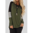 New Trendy Colorblock Striped Long Sleeve Round Neck Womens Relaxed T-Shirt